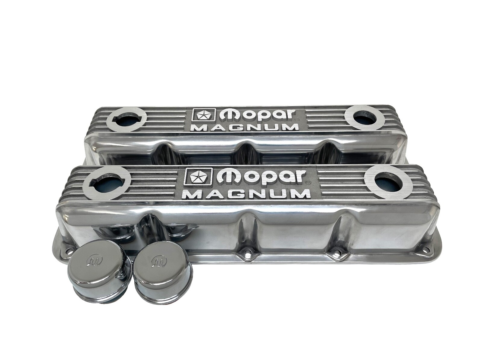 NOS Mopar Magnum Valve Cover Set, 5.2L / 5.9L V8 - Polished, Classic Finned