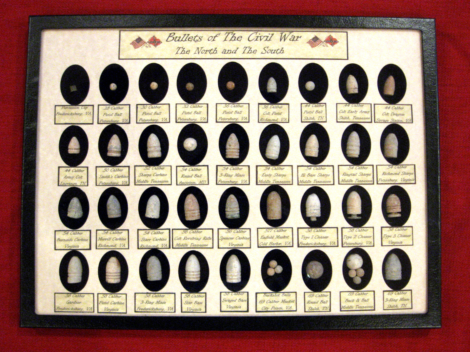Civil War Relics 36 Authentic Bullets in Matted Display Case with COA