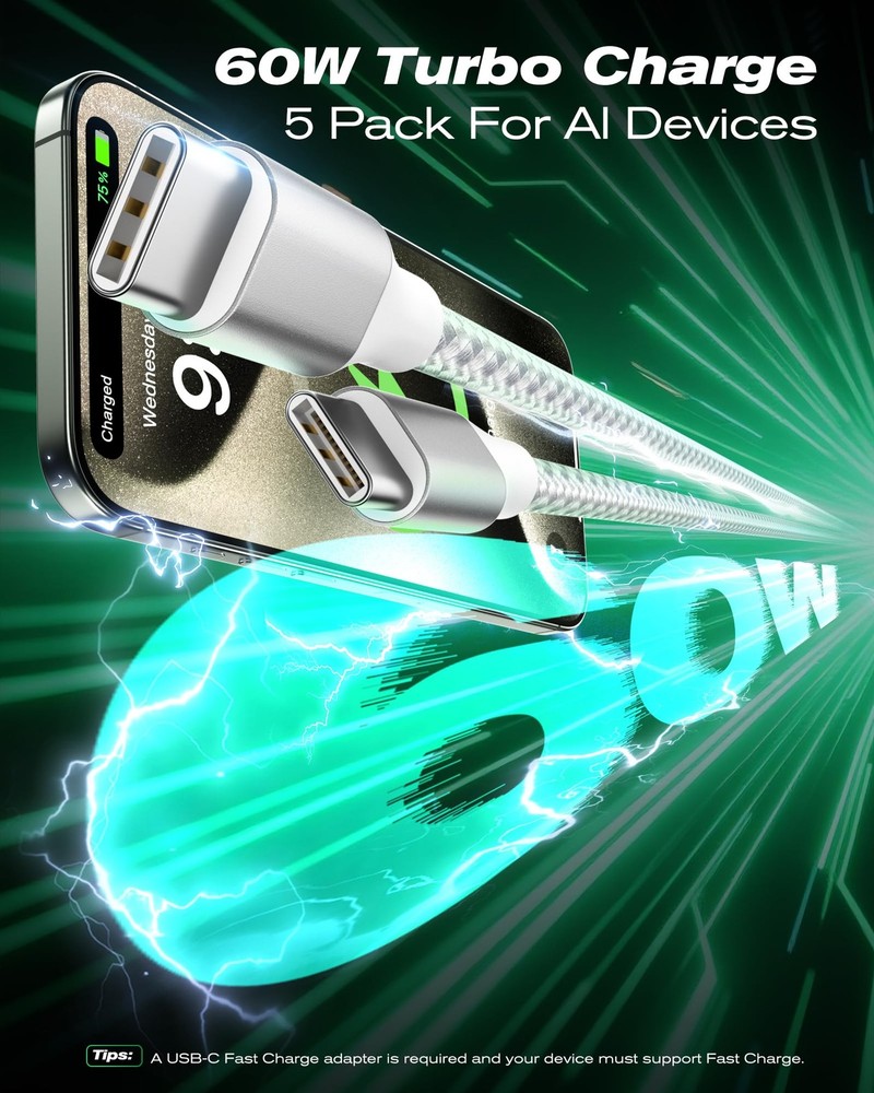 5-Pack Braided USB C Type-C Fast Charging Data SYNC Charger Cable Cord 3/6/10FT