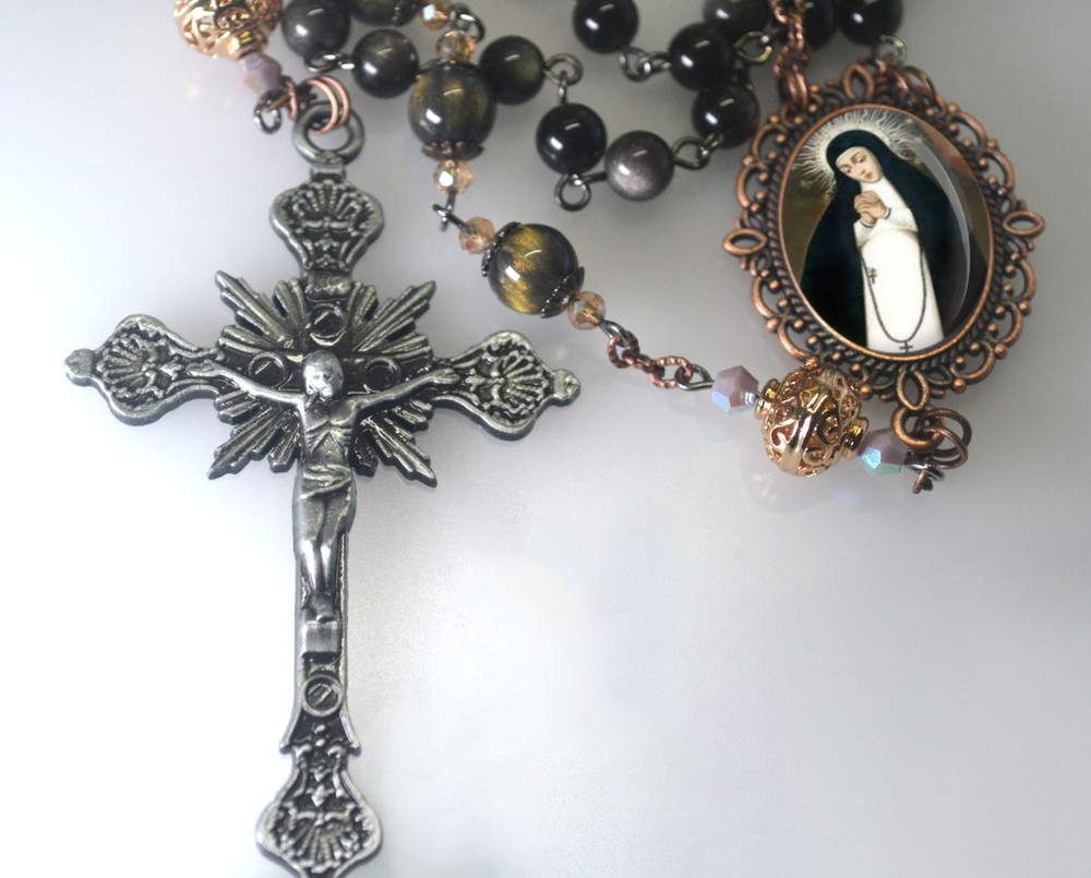 Our Lady of Solitude Rosary Black Obsidian Beads Mother Mary Centerpiece