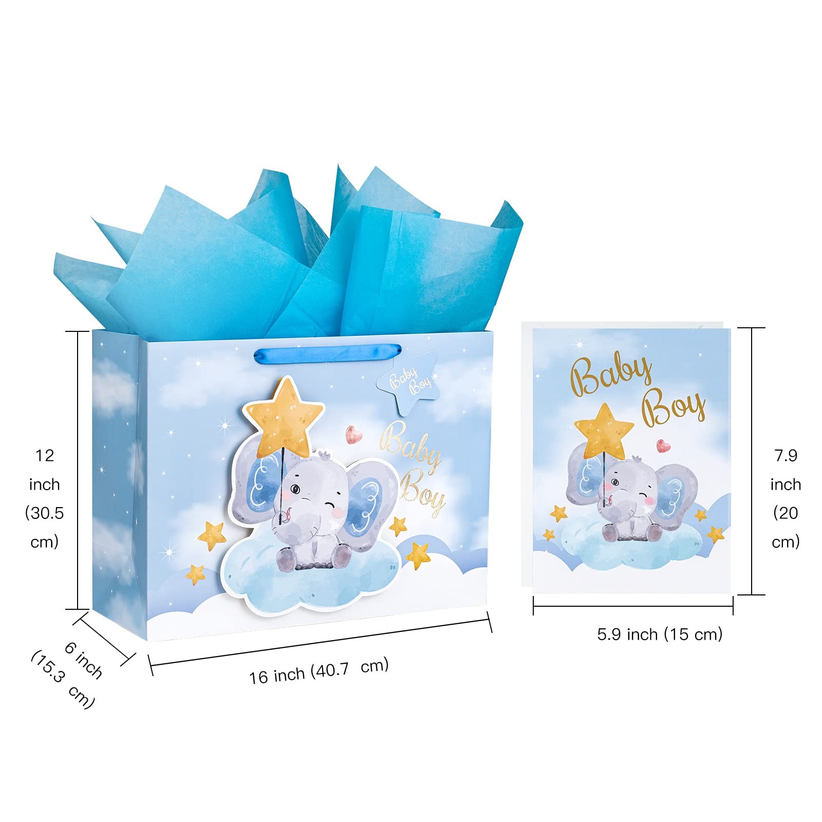16" Extra Large Baby Boy Gift Bag with Card and Tissue Paper - For Baby Shower