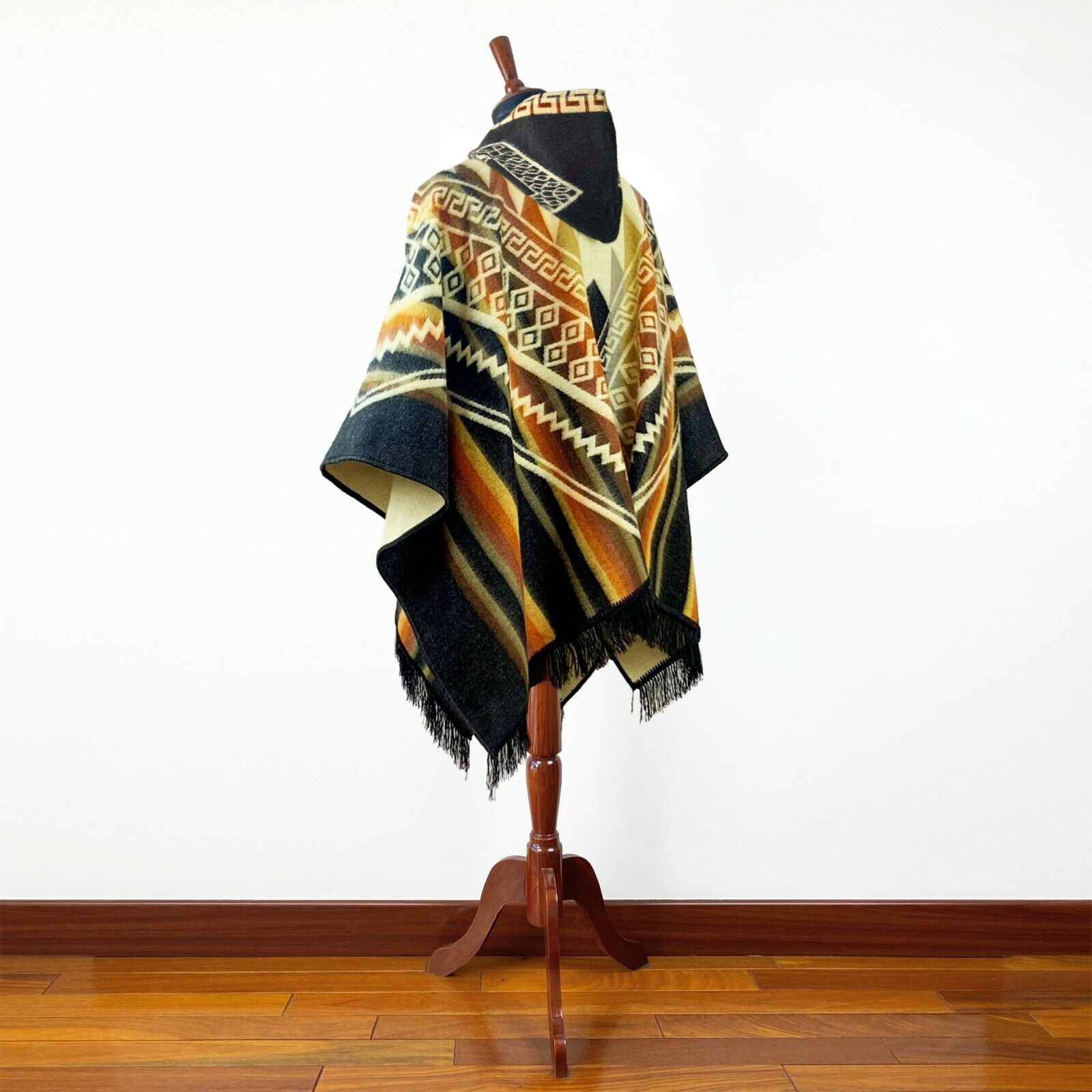 Alpaca wool Hooded Poncho Unisex Aztec pattern all seasons boho hippie XXL BLACK