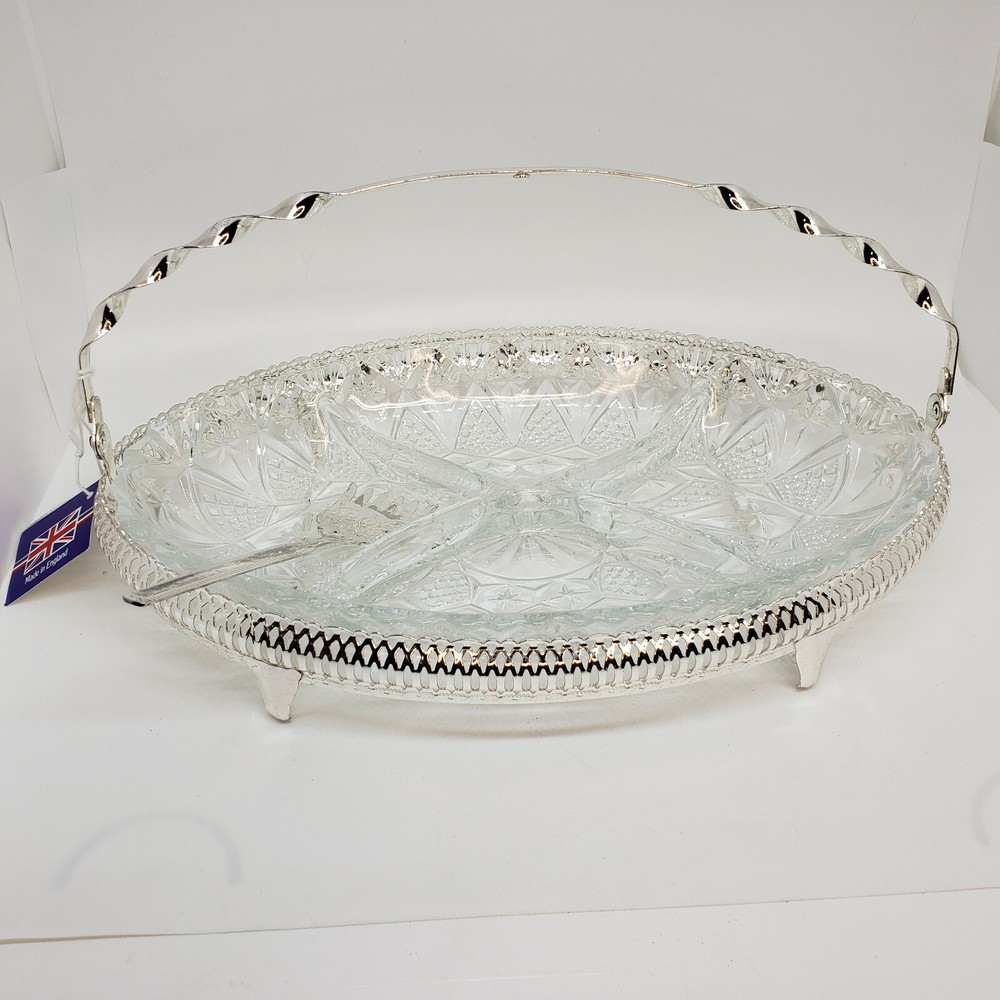 Queen Anne Silverplate Tableware Cut Glass Divided Oval Dish Caddy England