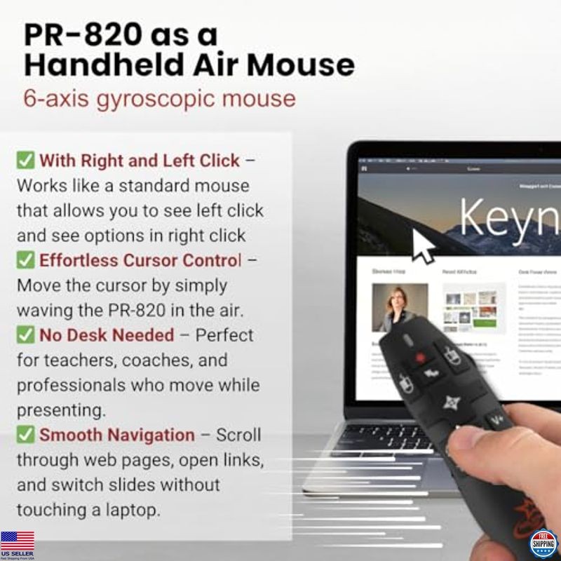 Wireless Presentation Clicker with Laser Pointer, Air Mouse for Slideshows