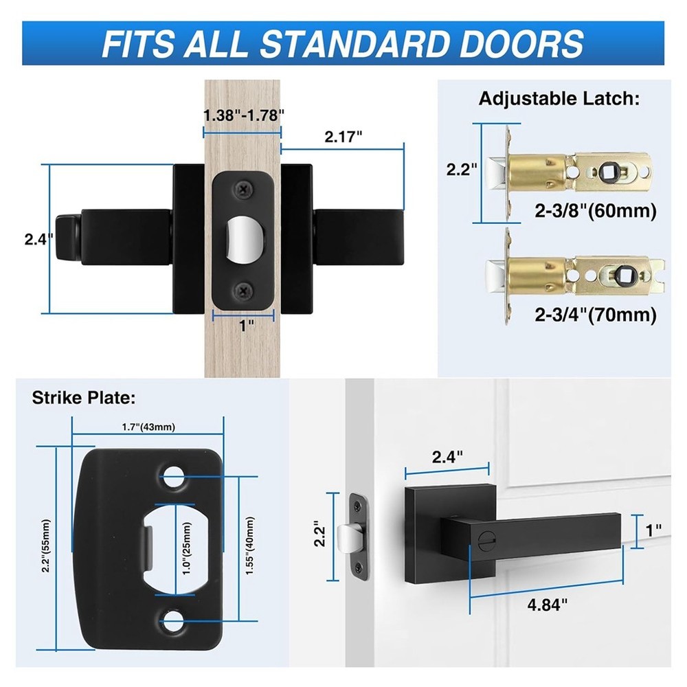 3 Pack Matte Black Door Handles, Keyless Interior Door Knobs, Privacy Door7358