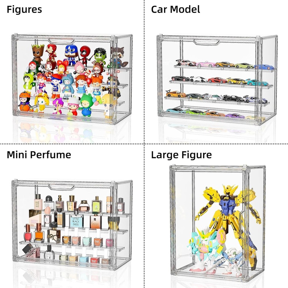 Clear Acrylic 4 Tier Figure Display Case with 3 Movable Plates Stackable Show