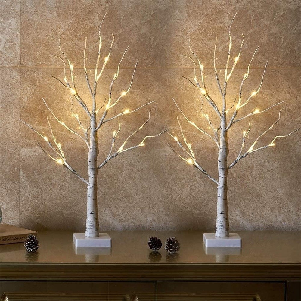 Lighted Birch Tree Easter Decorations 2FT White Mini Trees with 24 LED Lights
