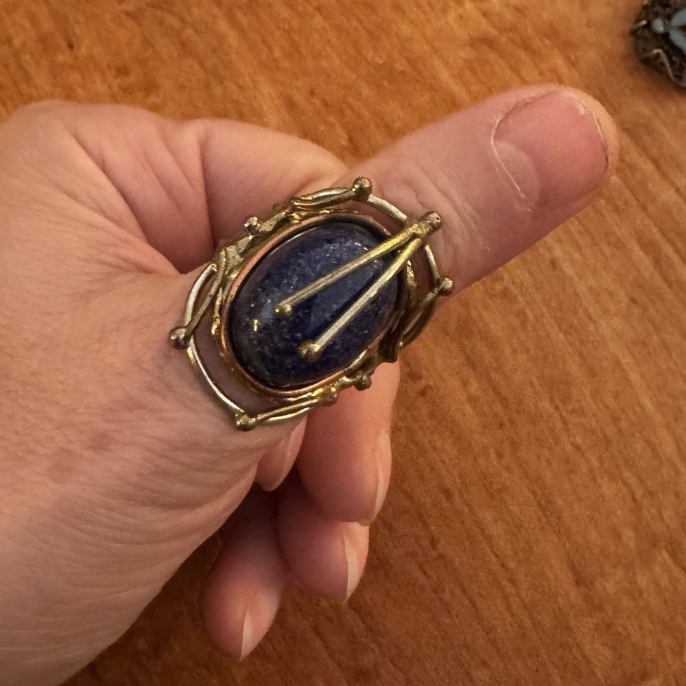 Blue stone artisan abstract adjustable, scroll wrap metal work copper/brass ring