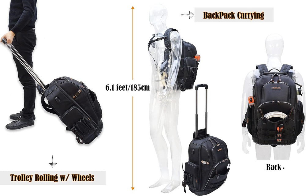 72Pockets Rolling Tool backpack, Large tool bag with wheels, Rolling Electrician