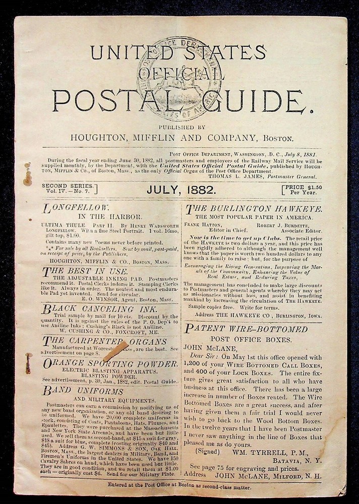United States Official Postal Guide July 1882 Postmaster General Free Delivery