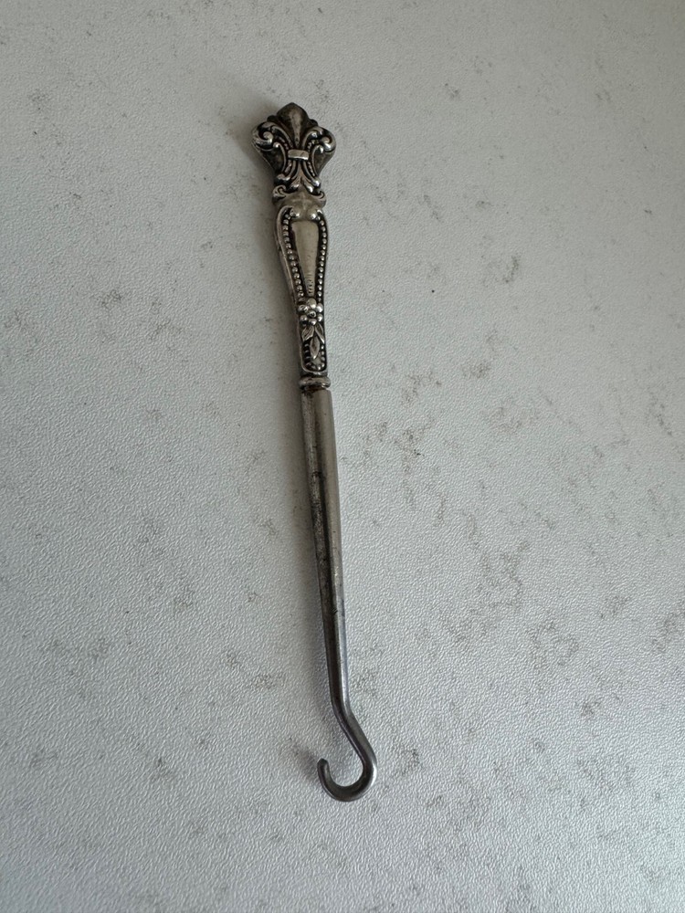 Antique Sterling Silver Handle Button Hook w/ Beaded & Fleur de Lis Design
