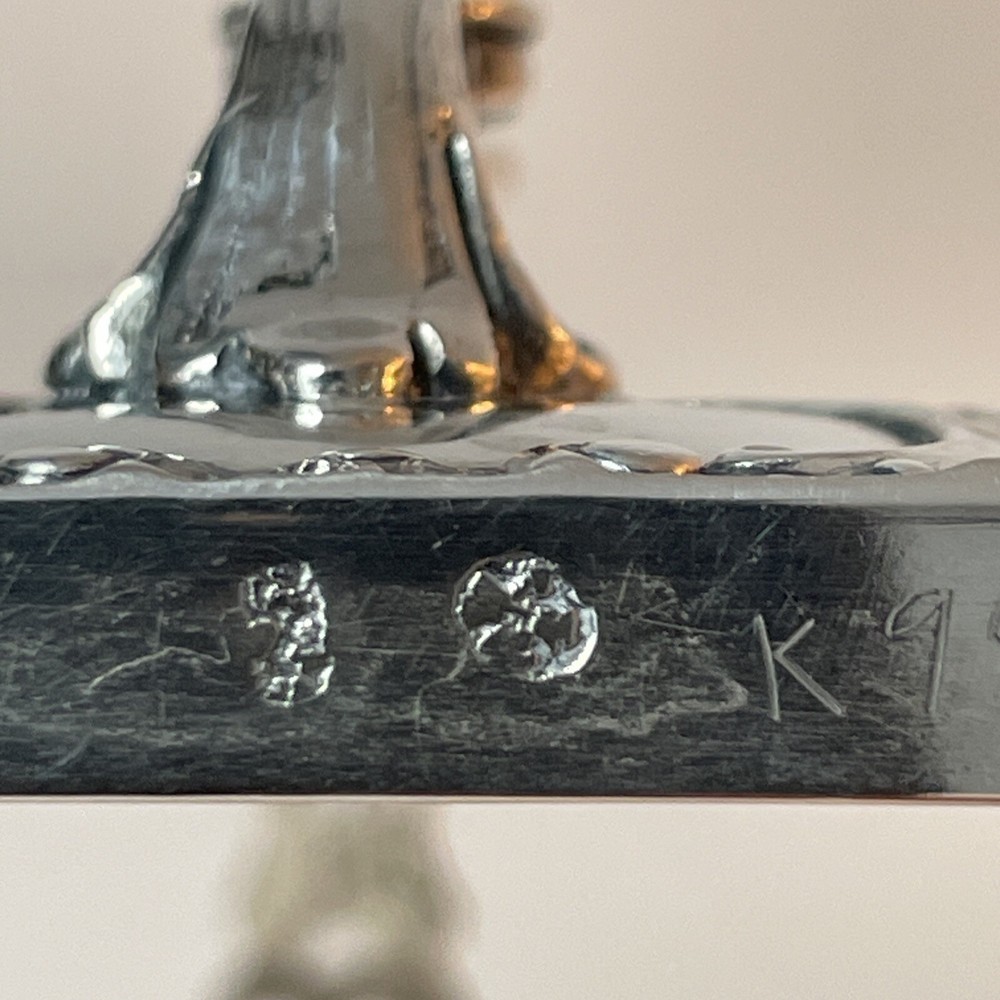 Germany Sterling Repousse Basket Etched Glass Insert Rectangular Swing Handle