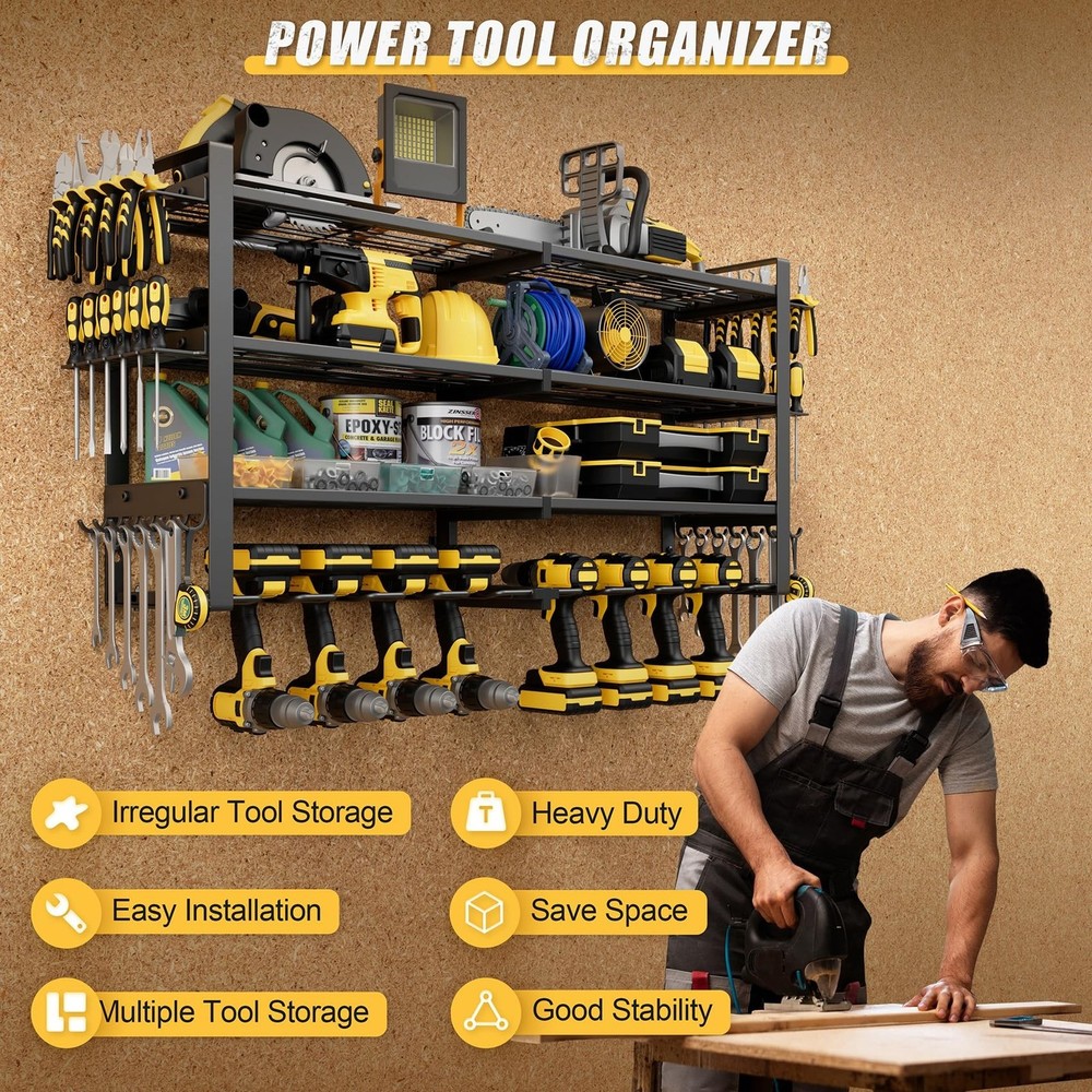 Power Tool Organizer Wall Mount, 4-Tier Tool Storage Rack with 8 Drill Holder...