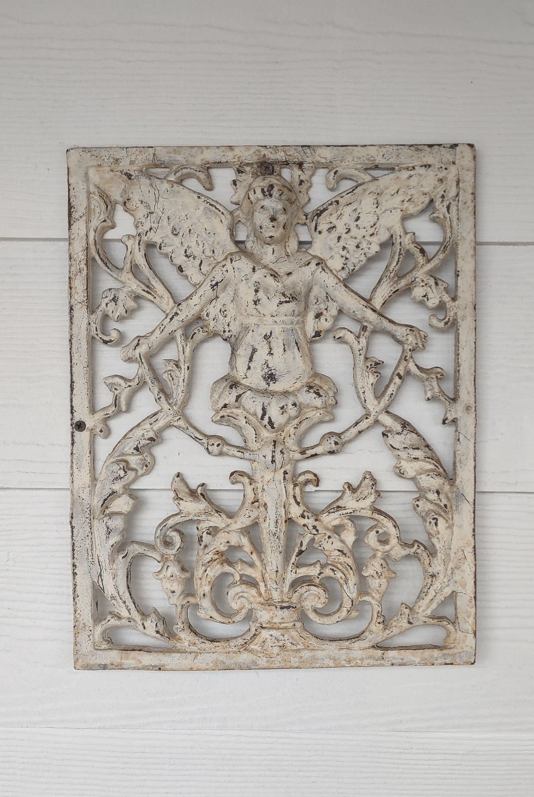 Antique Cast Iron Garden Angel Statue, Distressed Off White