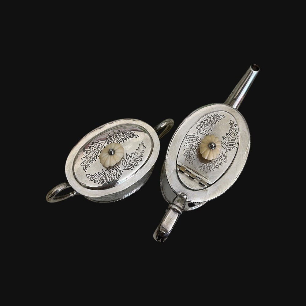 4 Pc Silverplate Coffee Tea Svc Fern Engraved Pattern Unmarked Ivory Knobs 1800s