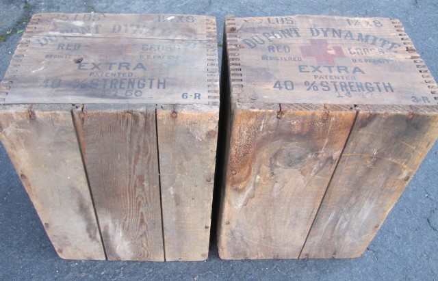 a Pair (2) Antique DUPONT 25lb Red Cross DYNAMITE BOXES High Explosives CRATES
