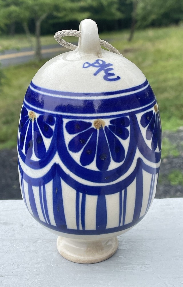Vintage Blue White Stoneware Ceramic Hanging Pottery Oval Sphere