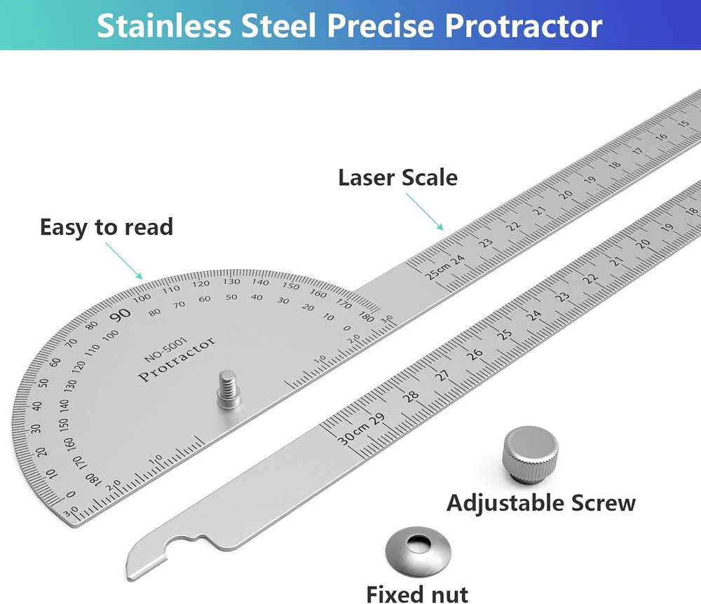 Forogore Stainless Steel Protractor 180 Degrees Two Arm Ruler Adjustable Angle P