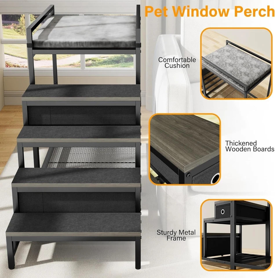 Dog Bunk Bed with Stairs & Storage Pet Bed Attaches to Human Bed Bedside