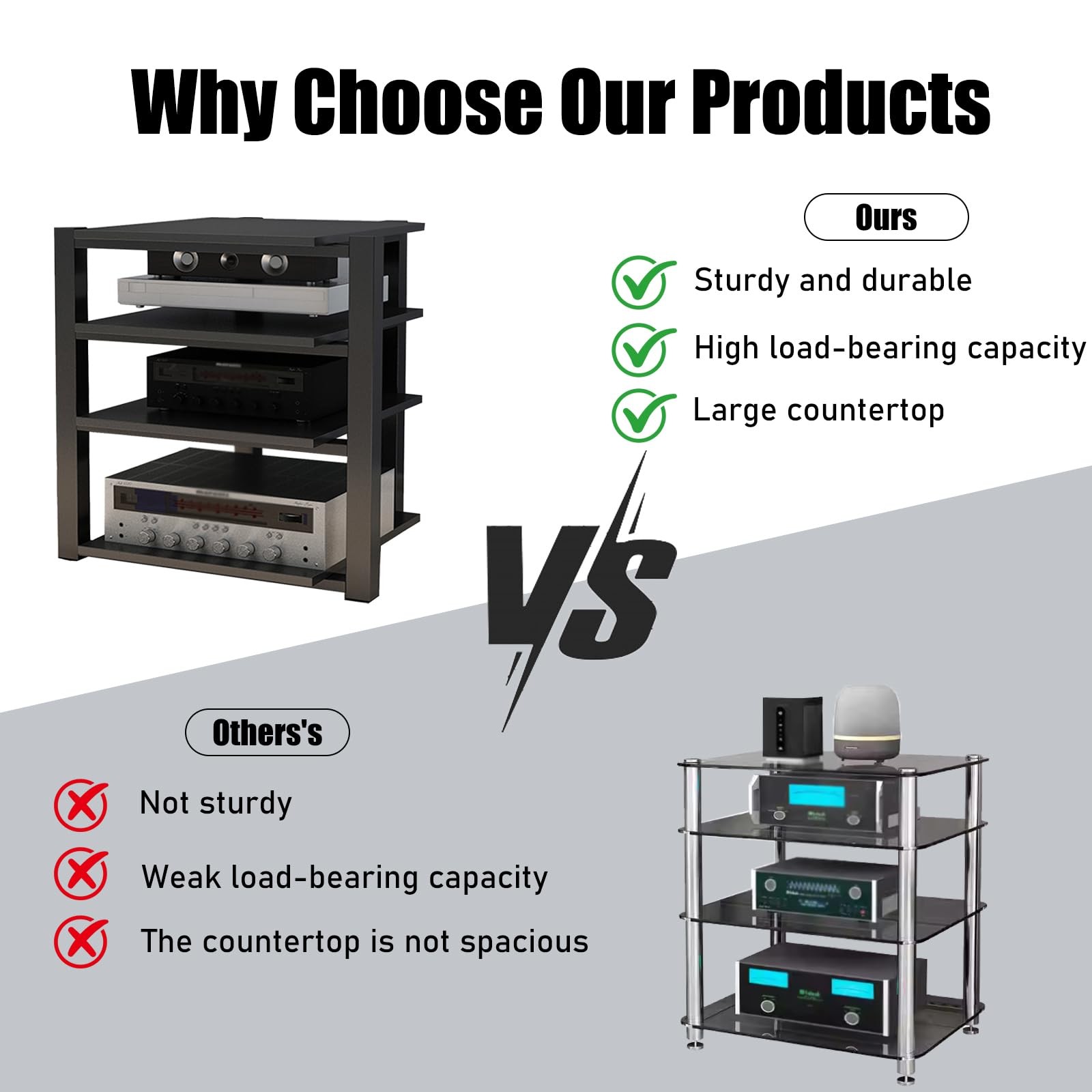 Heavy Duty Audio Rack Tower, Av Media Player Stand with Wooden Shelves, Black...