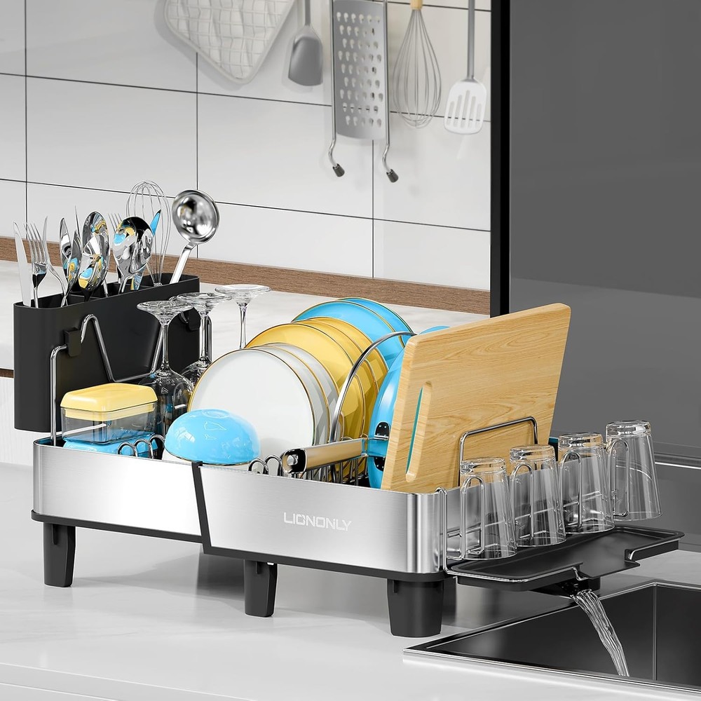 Dish Drying Rack 304 Stainless Steel Exendable Dish Rack W/ Adjustable Drain