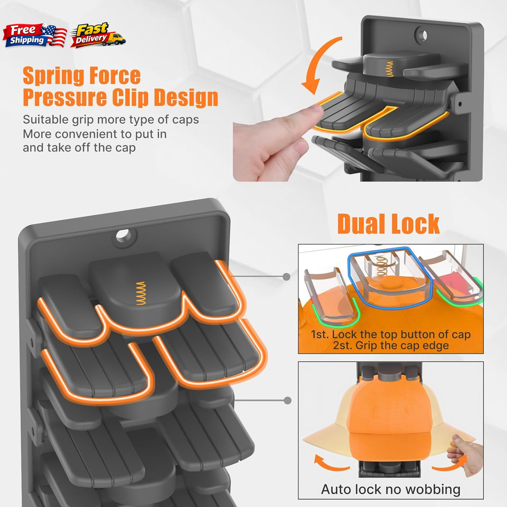 2 Pack Hat Rack for Baseball Caps with Spring Clips Wall Mount Hat Organizer 2ct
