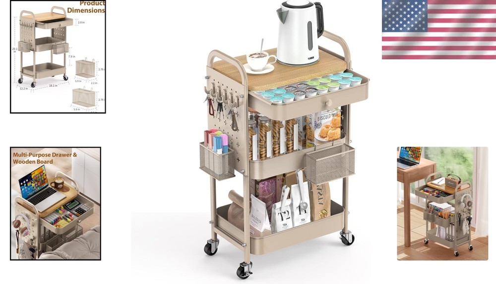 Compact Rolling Utility Cart with Pegboards & Drawers - Perfect for Organization