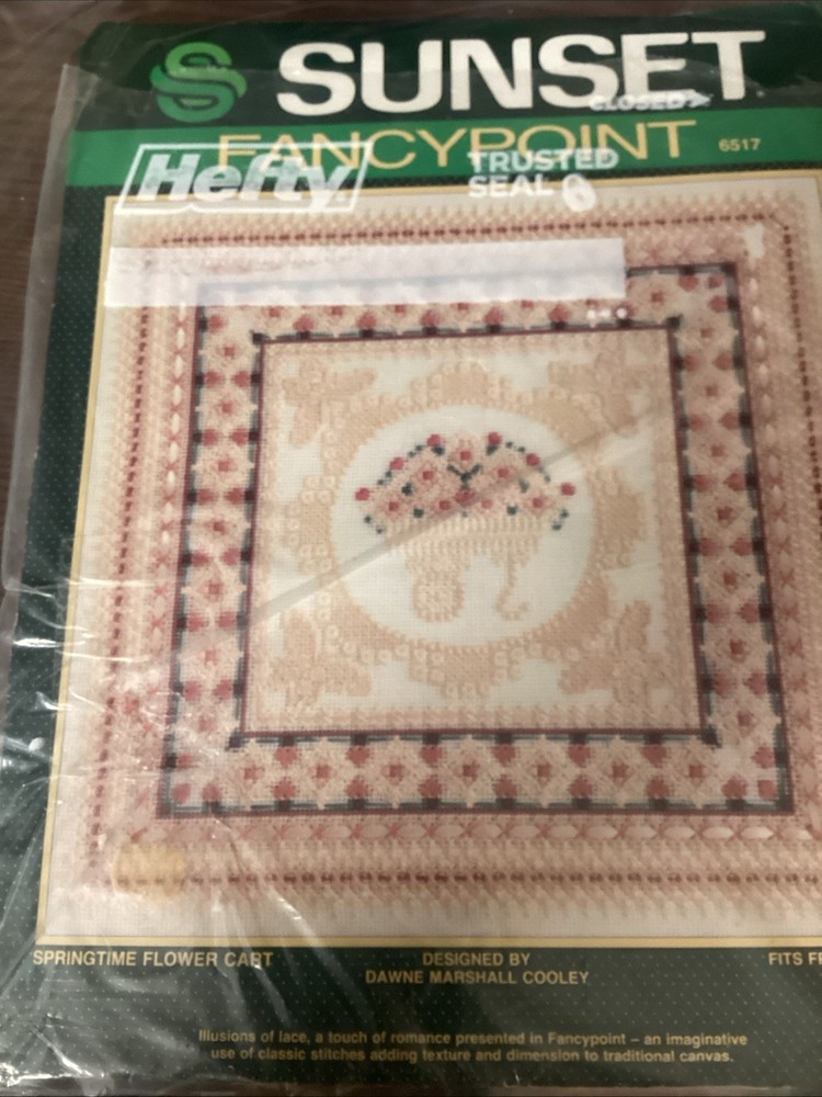 Sunset Fancypoint. Stitchery Kit. 13”x13”. Springtime Flower Cart OpenedComplete