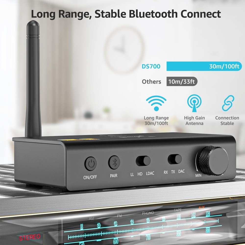 DS700 HiFi Bluetooth Audio Transmitter Receiver for TV, Long Range Wireless A...