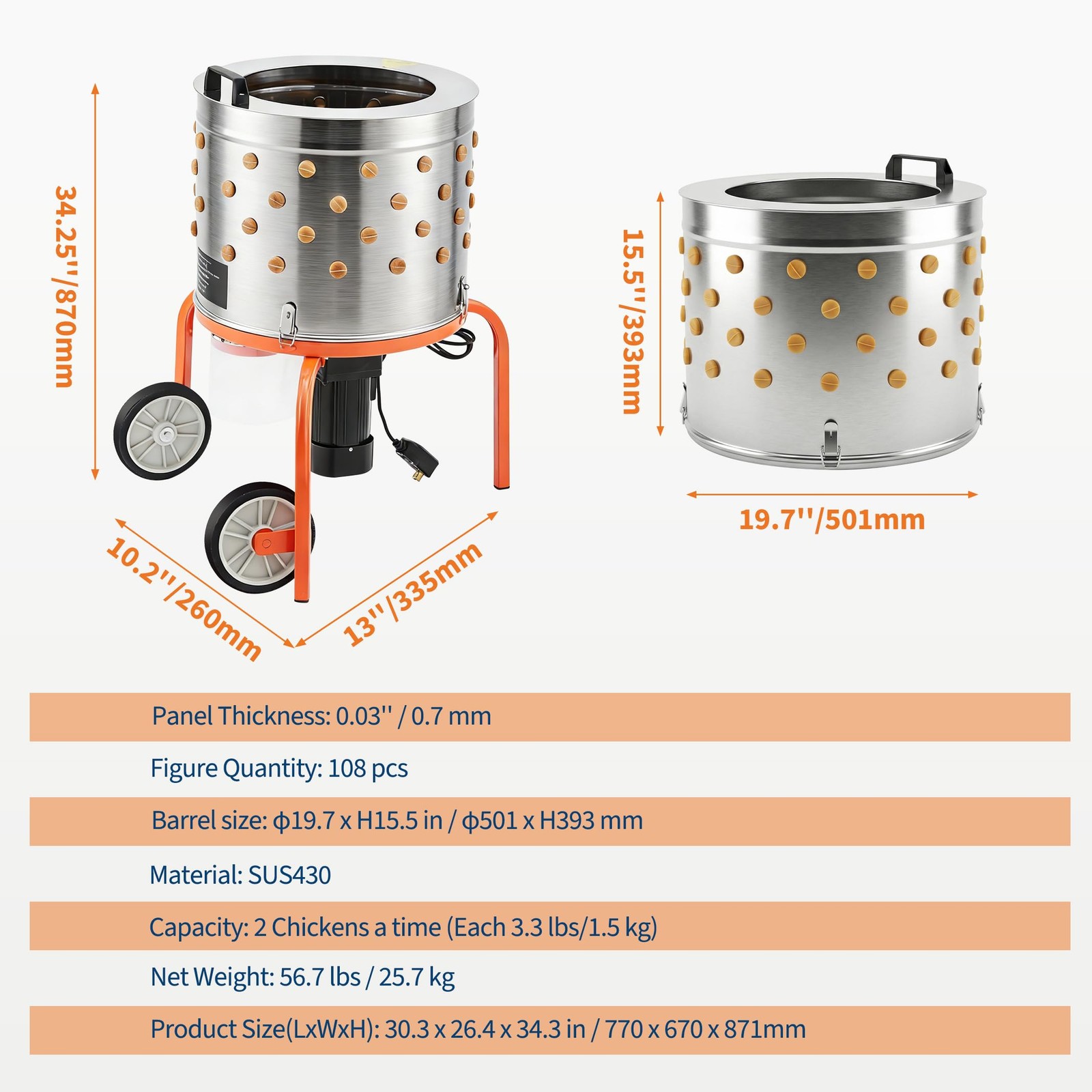 20" Chicken Plucker Machine Poultry Plucker SS Drum, 3500RPM Motor ,108 Fingers