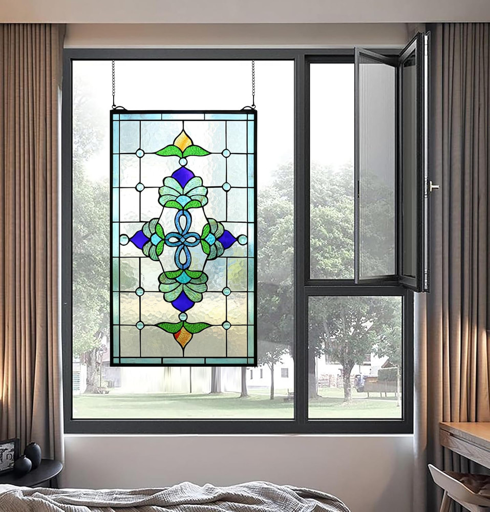 26" Victorian Stained Glass Window Panel - Large Vertical Design