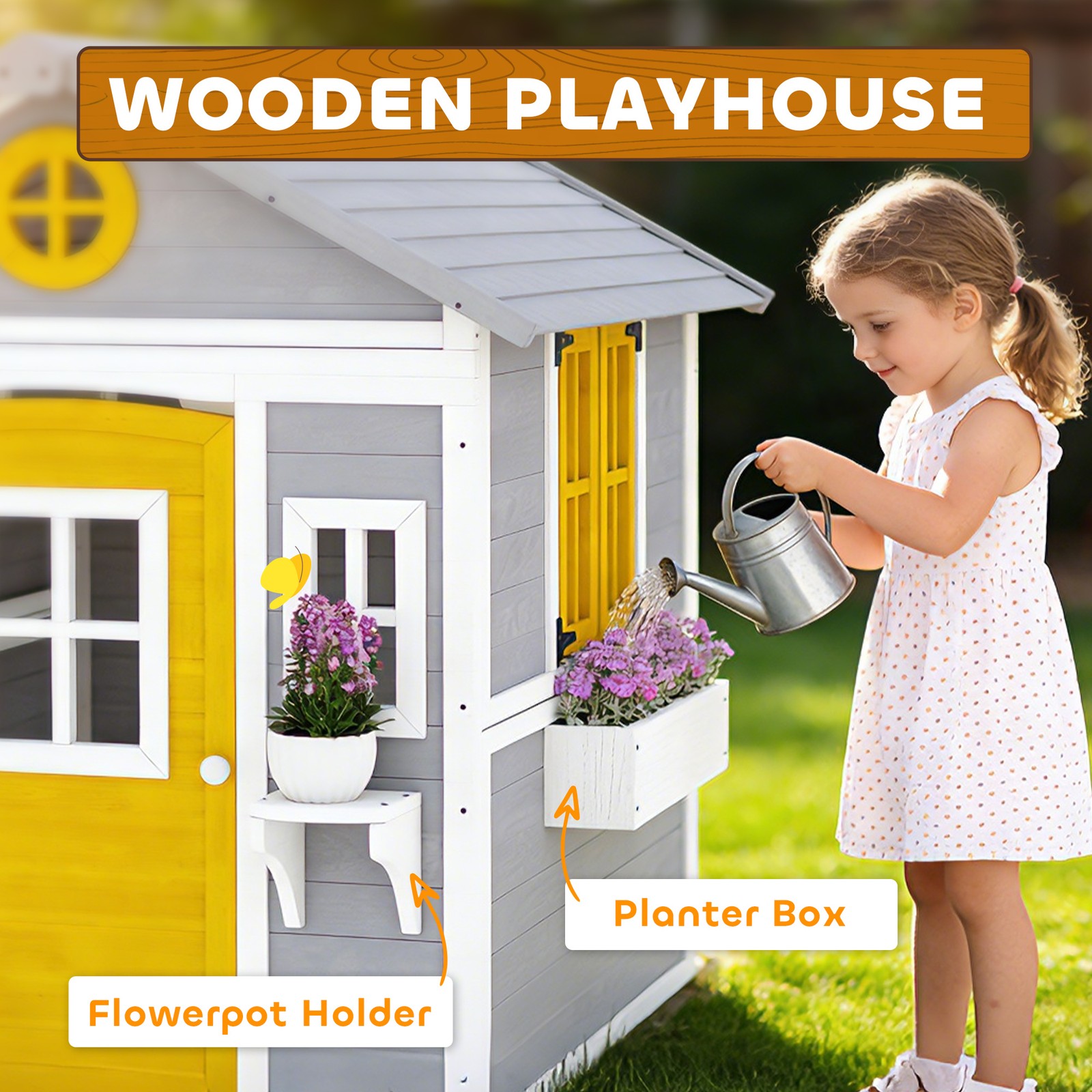 Outsunny Playhouse for Kids with Doors, Windows, Planter Pots and Boxes