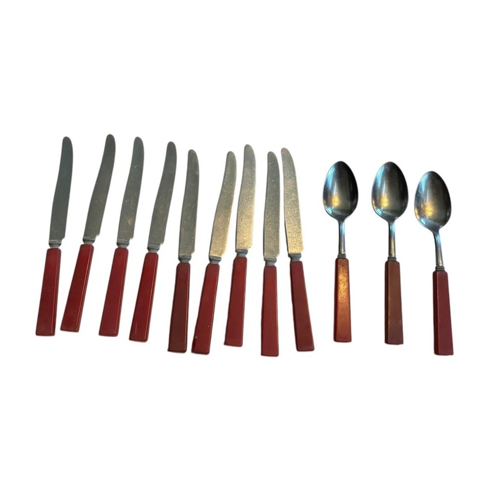 VTG Bakelite Red Handled Flatware Knives Spoons Kitchen Stainless Steel READ