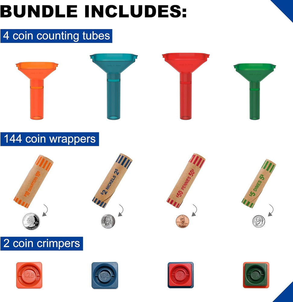 144 Pcs Assorted Preformed Coin Wrapper Rolls with Color Coded Coin Counter Tube