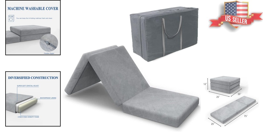 Tri-Folding Foam Topper Mattress, 4-Inch Thickness – Portable Guest Solution