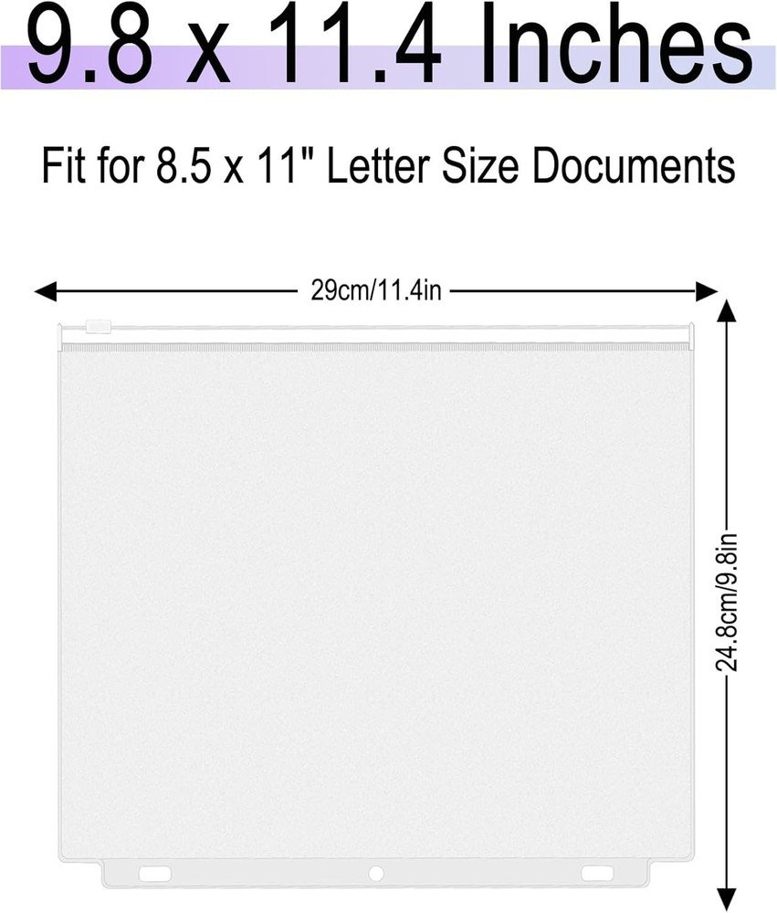 8 Pack Clear Zipper Binder Pockets 3 Ring Letter Size Waterproof Document Pouch