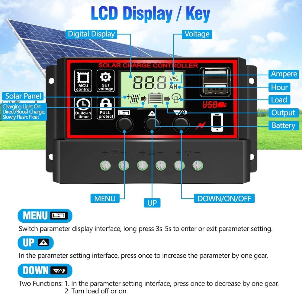 Upgraded] 30A Solar Charge Controller, Black Solar Panel Battery Intelligent ...