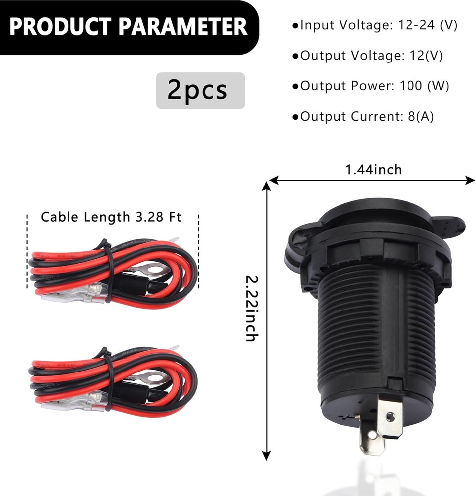 2PCS 12V Cigarette Lighter Socket,Waterproof Cigarette Lighter Plug 12V Outlet f