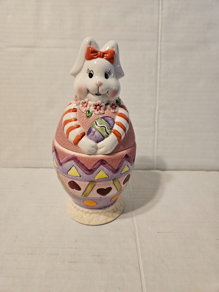 Vintage Ceramic Hand Painted Easter Egg with Bunny Lidded Candy Dish