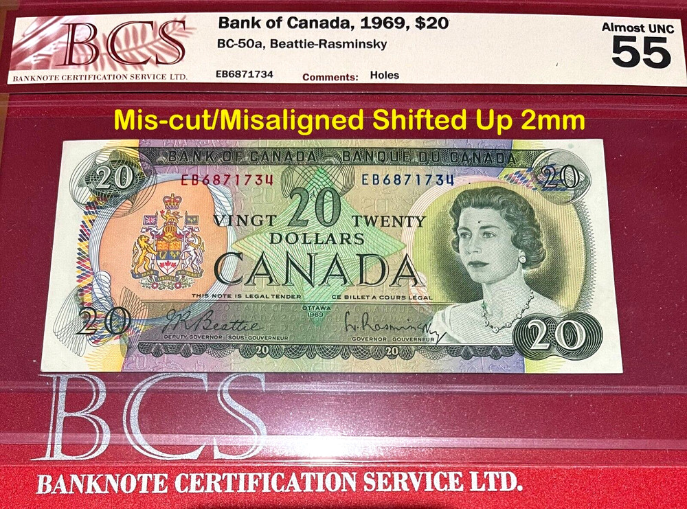 BCS Certification *ALMOST UNC* MISCUT/MIS-ALIGNED $20 1969 BC-50aa