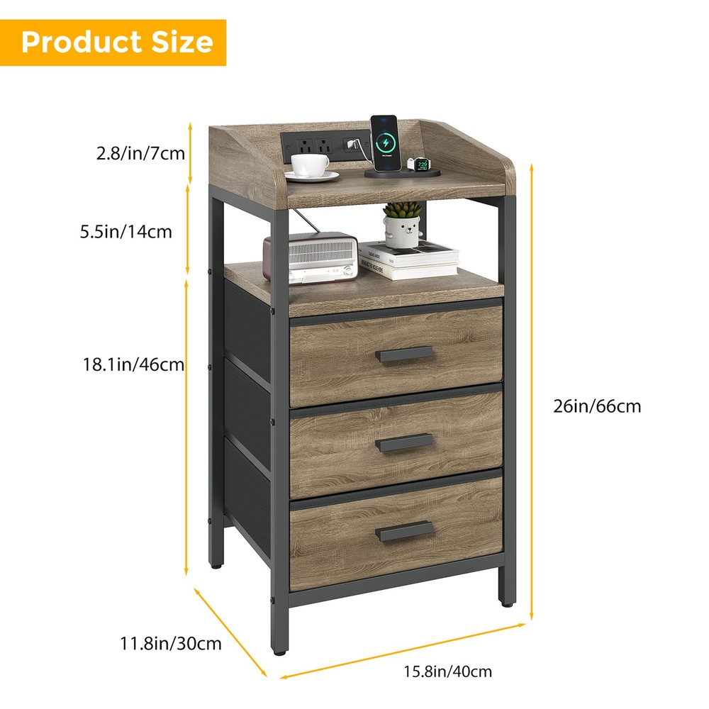 2 Pack Night Stand With Charging Station And Light Bedside End Table With 3