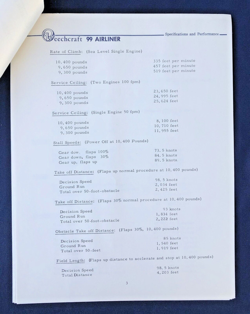 1960'S BEECHCRAFT 99 AIRLINER SPECIFICATIONS AND PERFORMANCE SHEETS W SCHEMATIC