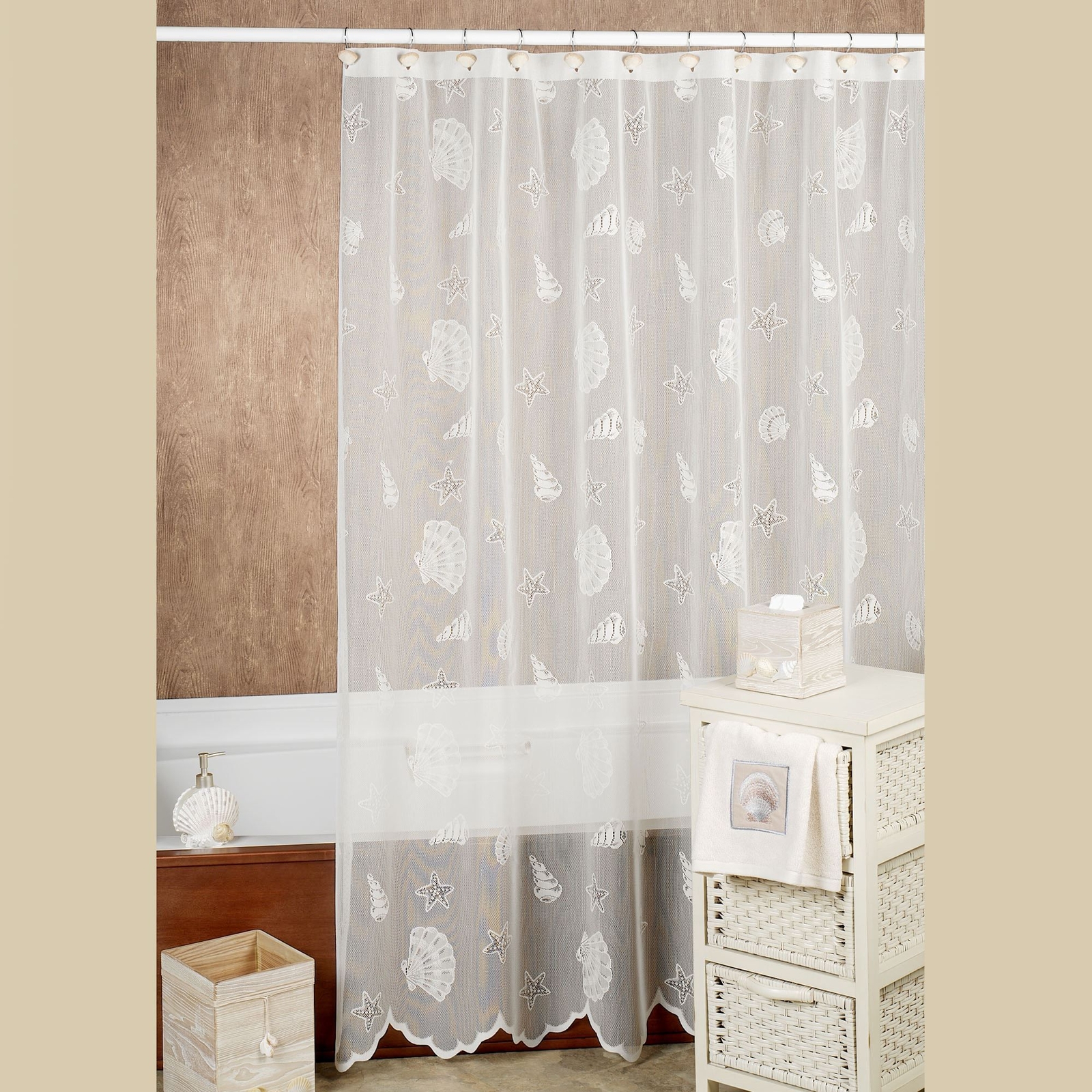 Seashells Lace Coastal Beach Shower Curtain White