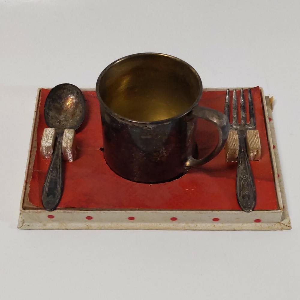 Vintage Silver Plated Oneida Ltd Child's Cup Baby Spoon And Fork Set Antique?