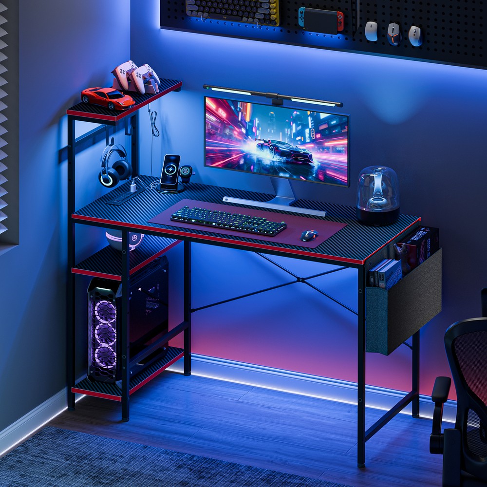 44" Computer Desk Rectangular Gaming Desk with LED Lights & Power Outlets Black