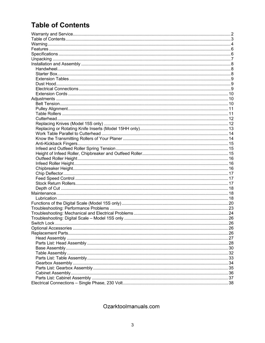 Powermatic 15S & 15HH 15" Wood Planer Owner Instruction Service Part Manual 1675