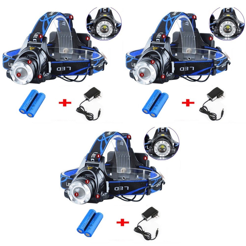 3Pack Rechargeable Headlight Zoomable Head Torch Lamp Flashlight LED Headlamp