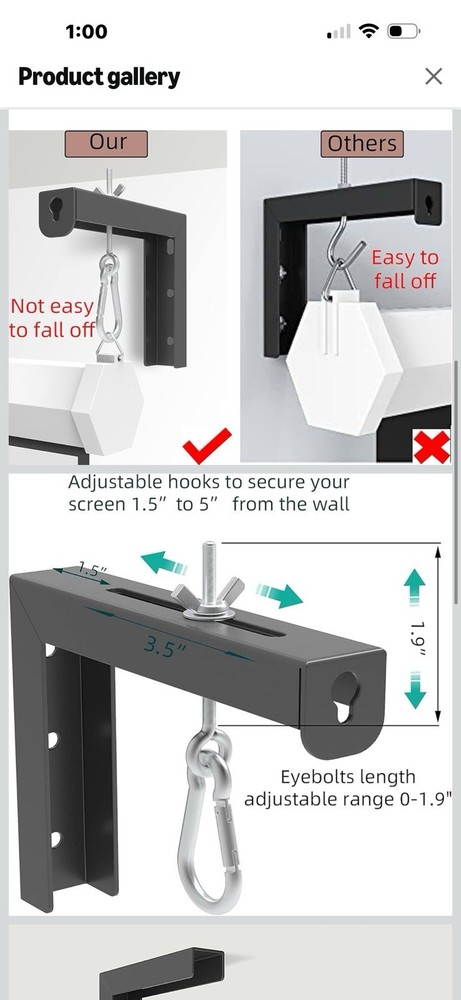 6" Projector Screen Mounting Brackets with Adjustable Hooks for Wall or Ceiling