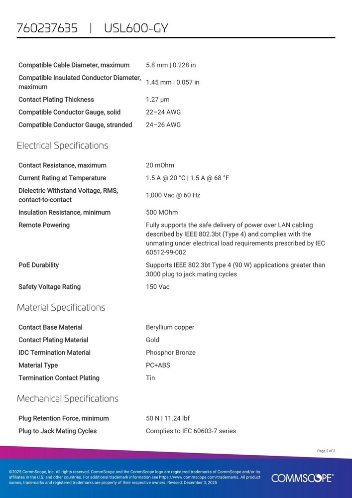 Commscope USL600-GRY Modular Jack Cat6 U/UTP