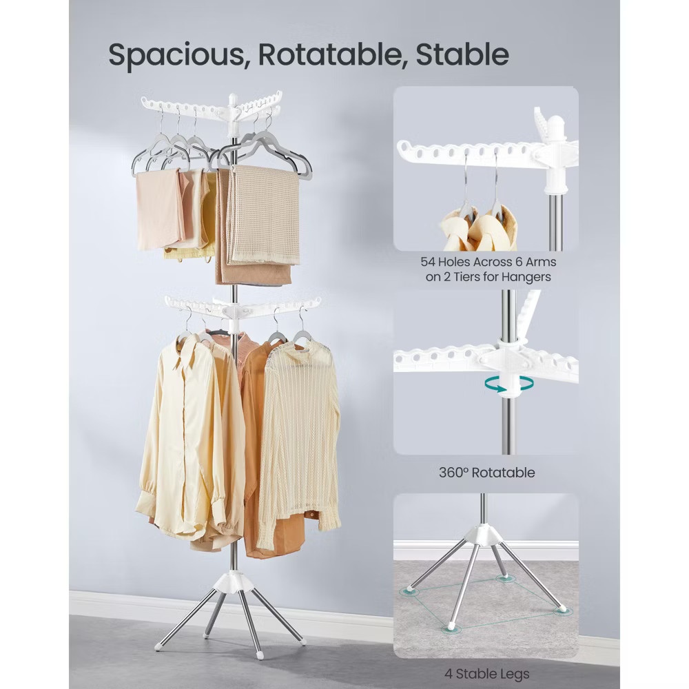 2-Tier Foldable Laundry Drying Rack, 6 Rotatable Arms for Hangers, Holds 54